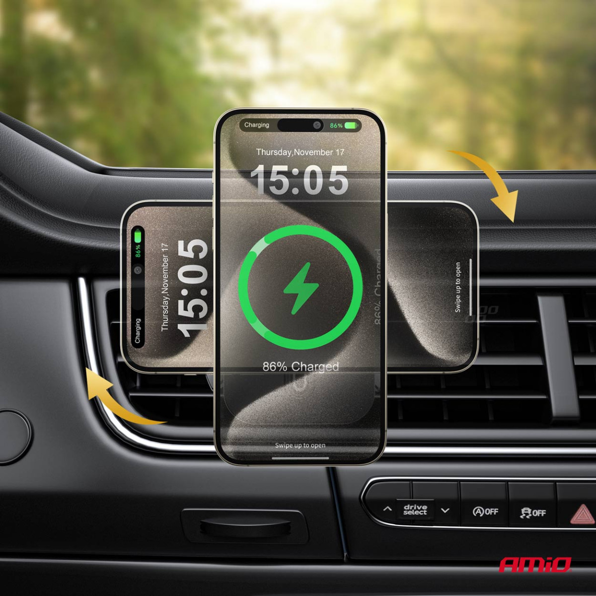 Nopea magneettinen langaton autolaturi Qi2 15W - ikkuna/kojelauta AMIO-04181