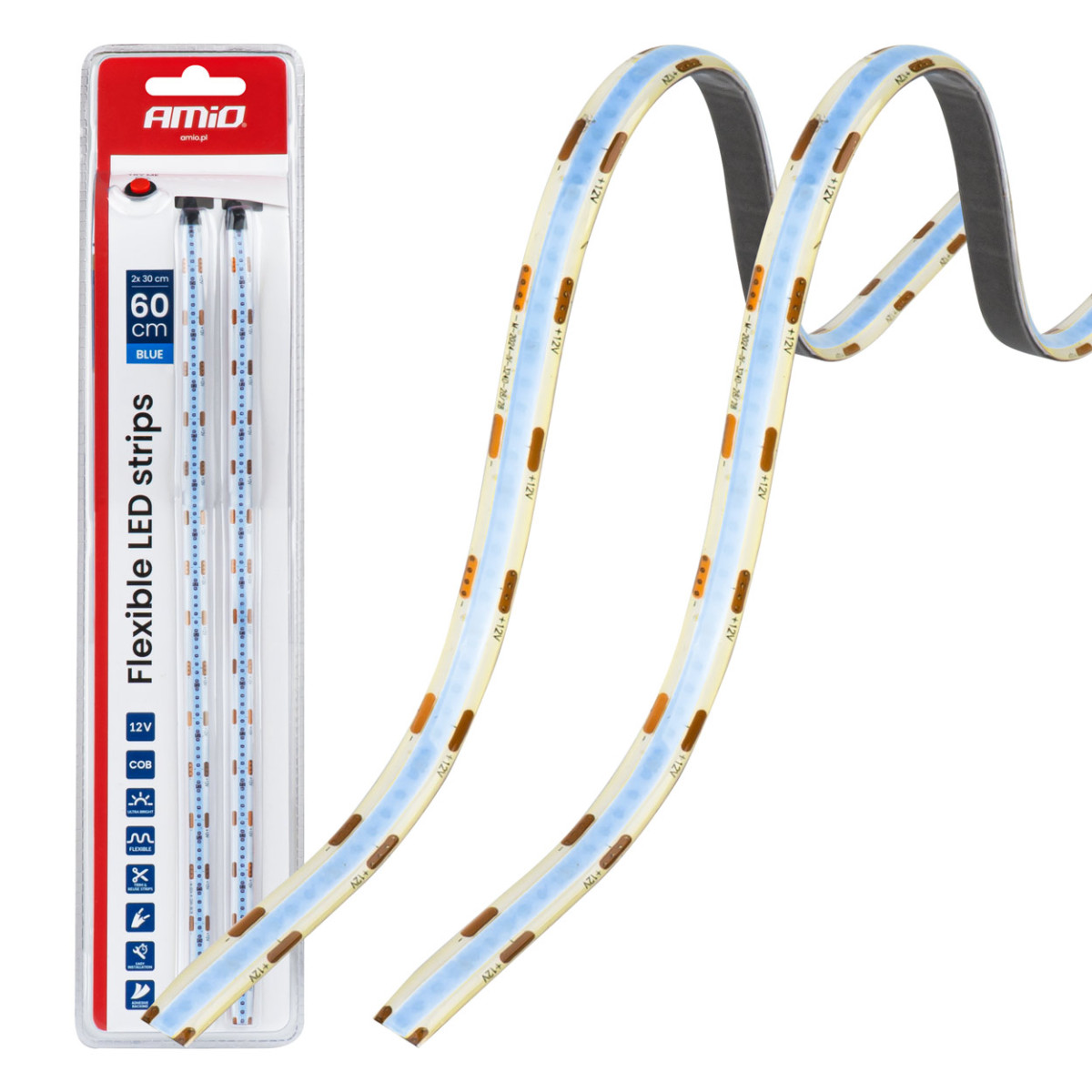 Joustavat COB LED-nauhat 2x30 cm 12V, siniset