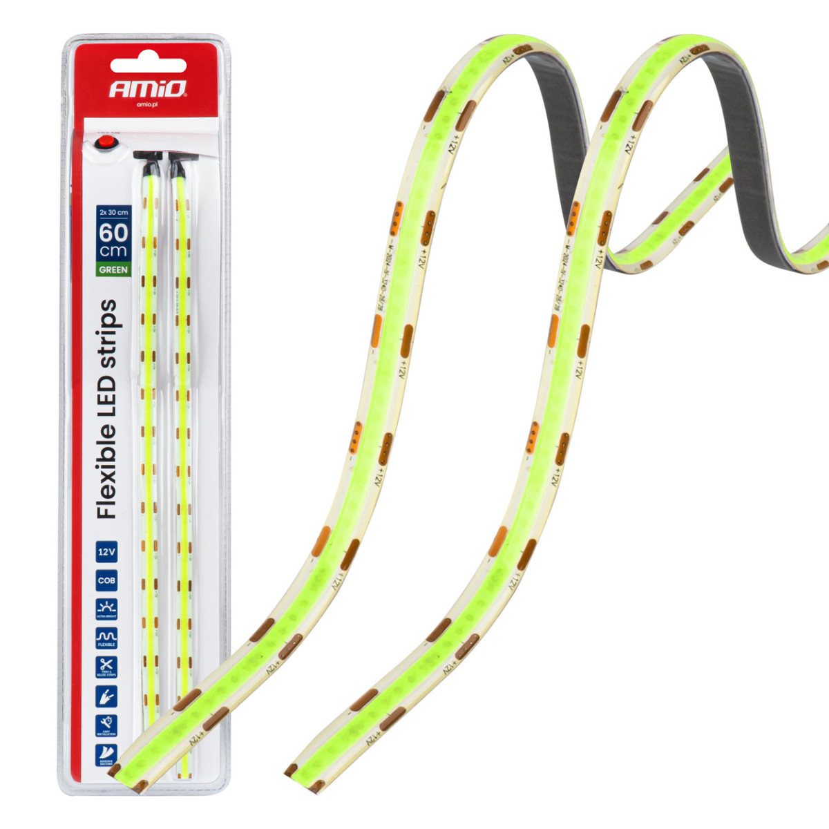 Joustavat COB LED-nauhat 2x30 cm 12V, vihreät