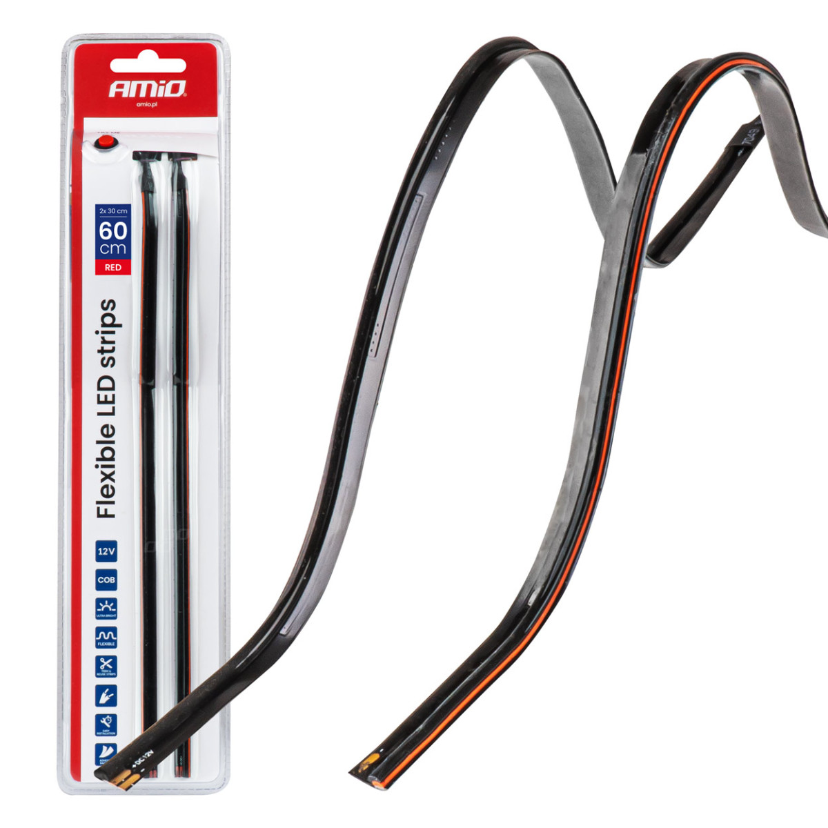 Joustavat sivulle asennettavat COB-LED-nauhat 2x30 cm 12V, punaiset 