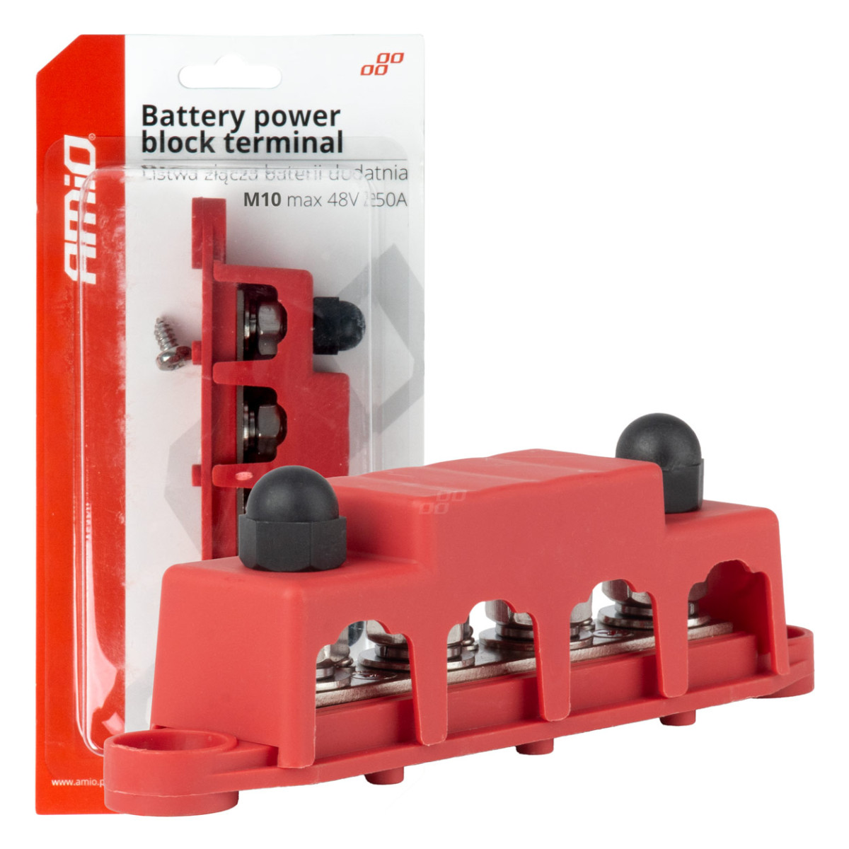 Positiivisen navan virranjakolohko neljällä M10-pultilla, virtakisko 12/24/48V 250A, AMIO-03812