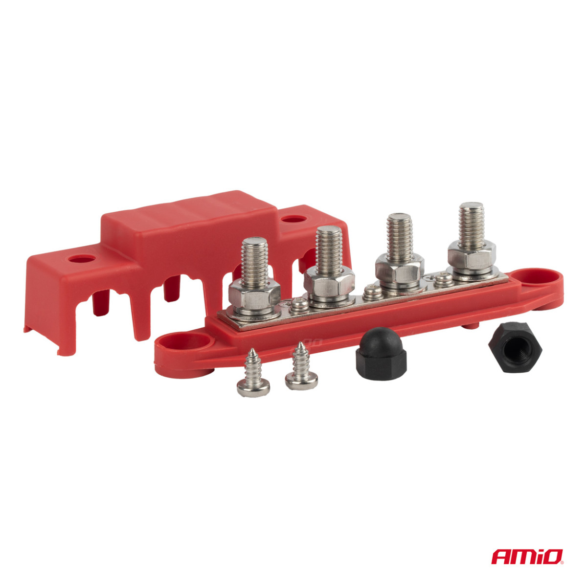 Positiivisen navan virranjakolohko neljällä M10-pultilla, virtakisko 12/24/48V 250A, AMIO-03812