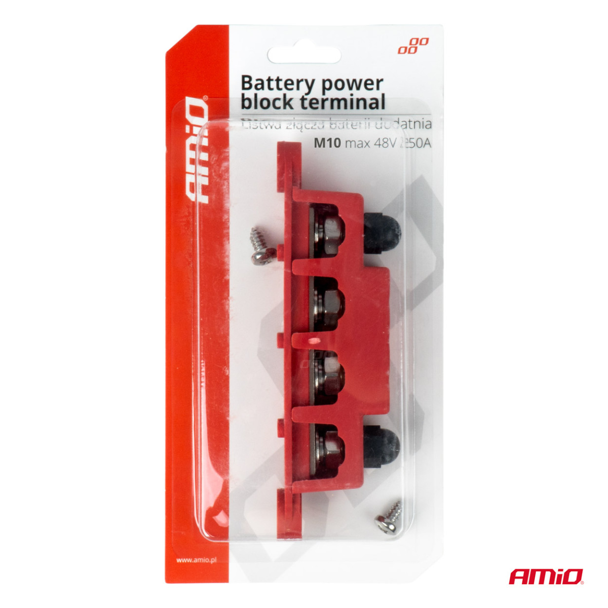 Positiivisen navan virranjakolohko neljällä M10-pultilla, virtakisko 12/24/48V 250A, AMIO-03812