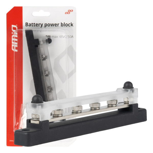 Negatiivisen navan virranjakolohko neljällä M6-ruuvilla, virtakisko 12/24/48V 150A, AMIO-03808