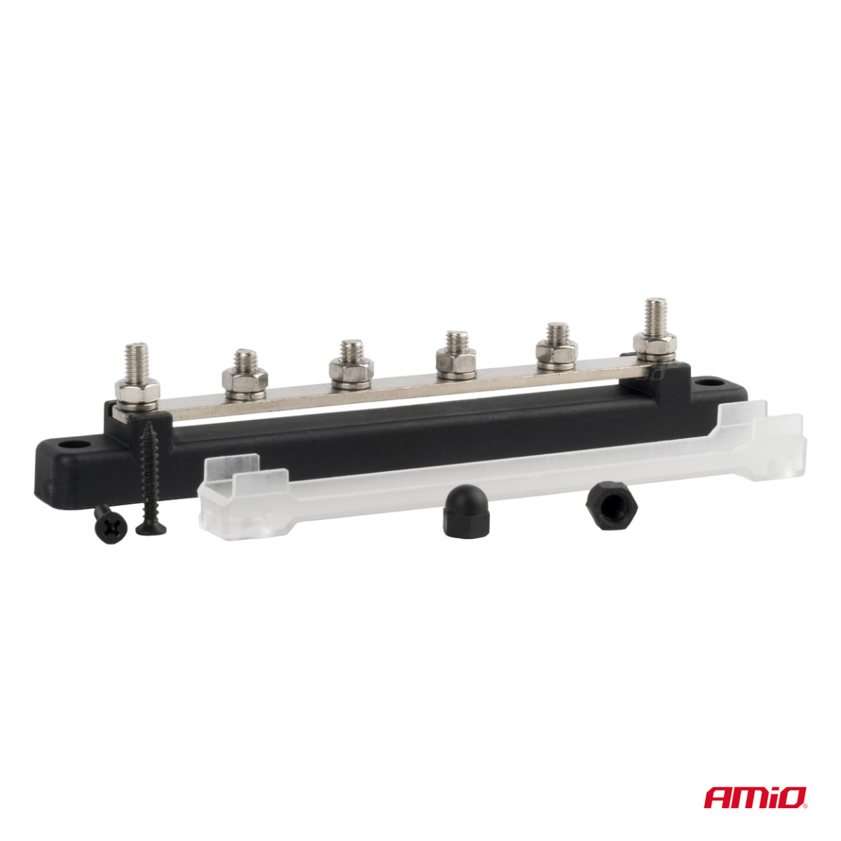 Negatiivisen navan virranjakolohko neljällä M6-ruuvilla, virtakisko 12/24/48V 150A, AMIO-03808