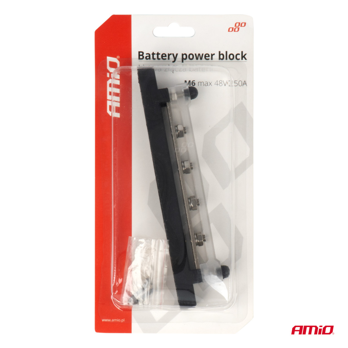 Negatiivisen navan virranjakolohko neljällä M6-ruuvilla, virtakisko 12/24/48V 150A, AMIO-03808