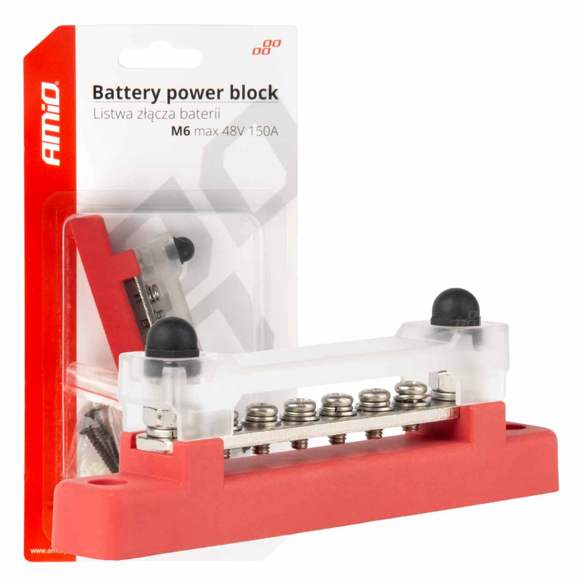 Positiivisen navan virranjakolohko neljällä M6-ruuvilla, virtakisko 12/24/48V 150A, AMIO-03810
