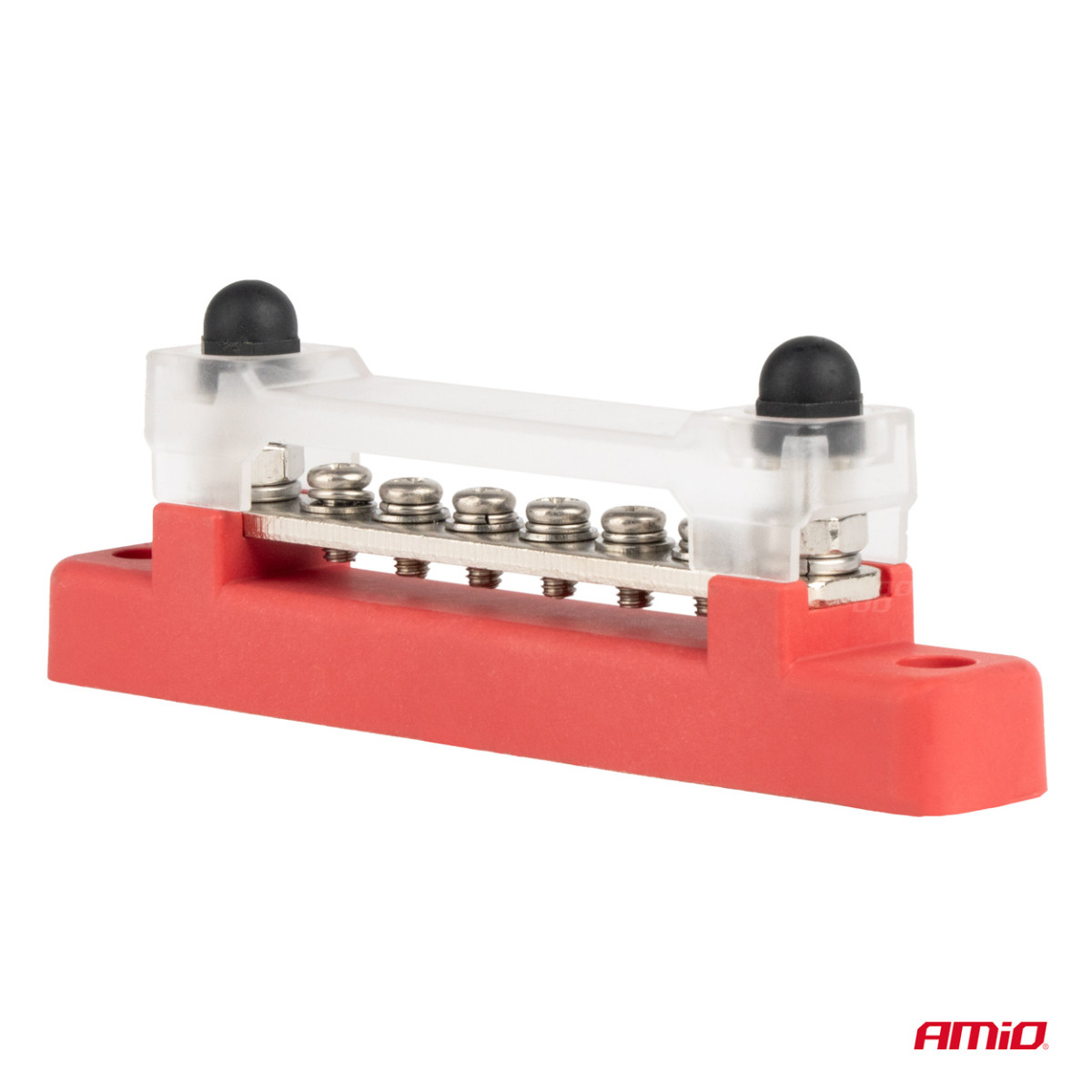 Positiivisen navan virranjakolohko neljällä M6-ruuvilla, virtakisko 12/24/48V 150A, AMIO-03810