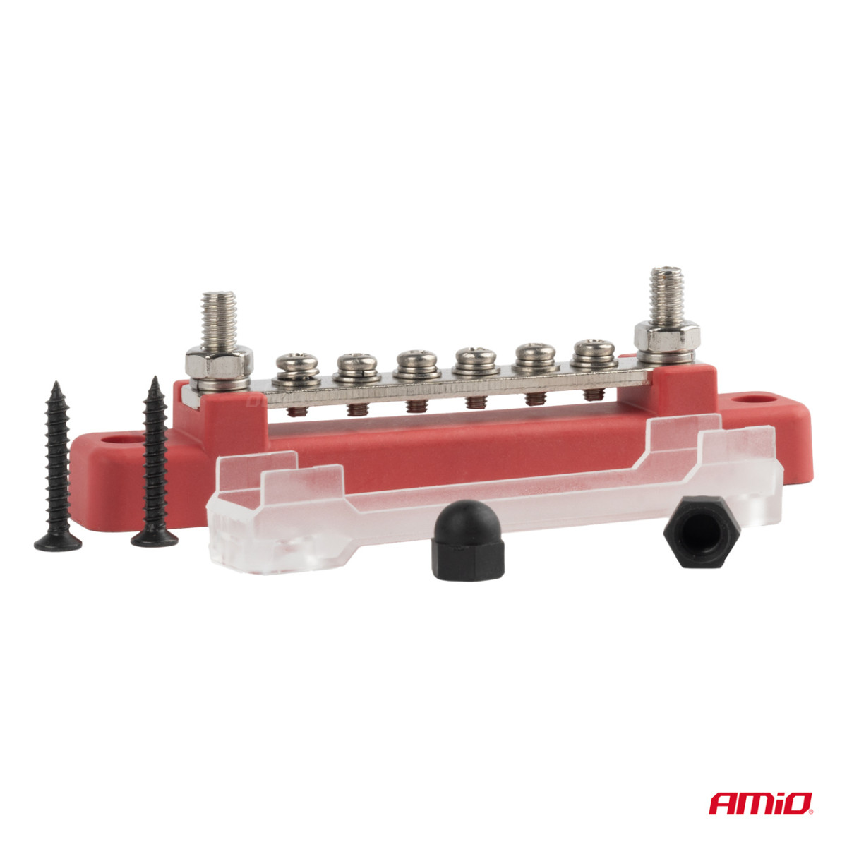 Positiivisen navan virranjakolohko neljällä M6-ruuvilla, virtakisko 12/24/48V 150A, AMIO-03810