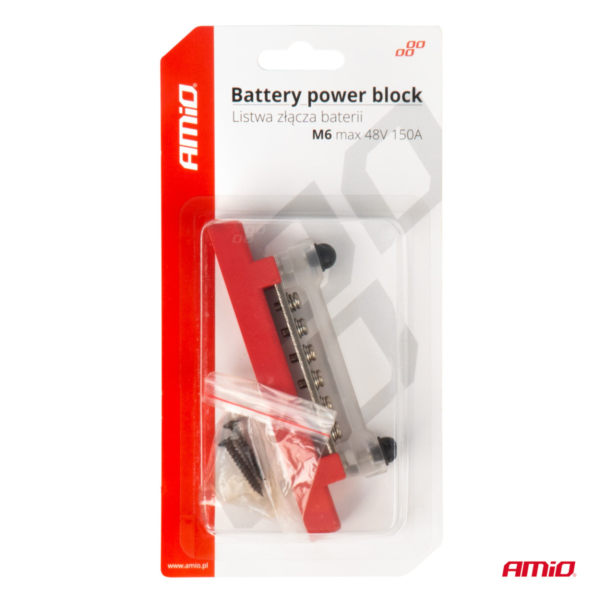 Positiivisen navan virranjakolohko neljällä M6-ruuvilla, virtakisko 12/24/48V 150A, AMIO-03810