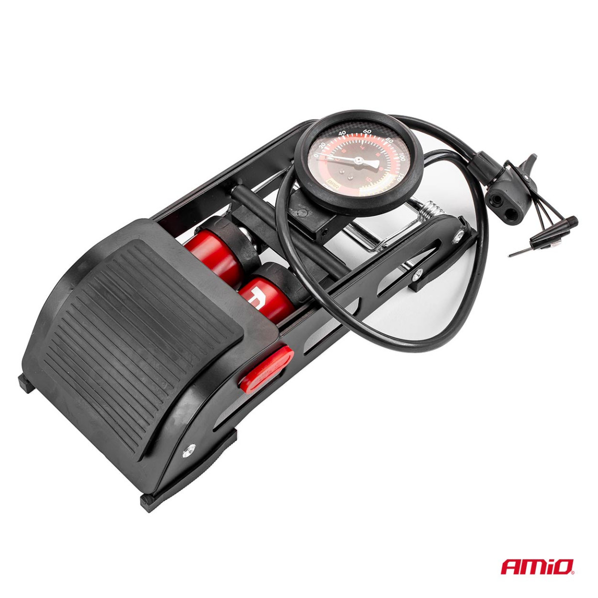 HQ kaksoismäntäinen jalkapumppu 2×Ø45 mm painemittarilla ja adapterilla PU07