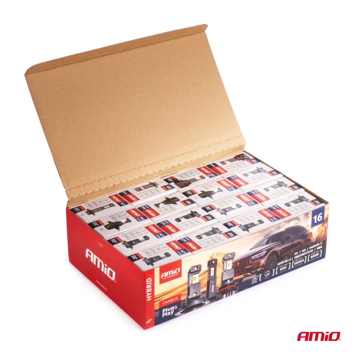 LED-ajovalojen polttimosarja 16 kpl, Hybrid series H1 H3 H4 H7 HB3 HB4 6000K Canbus, AMIO-04120