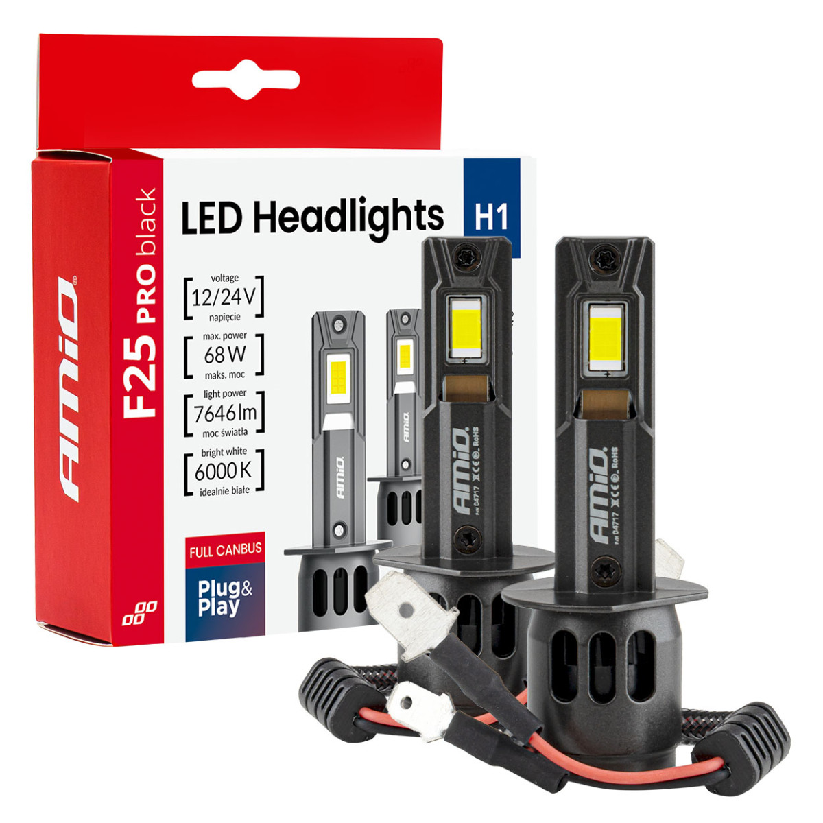 LED-ajovalon polttimot sarja F25 PRO BLACK FULL CANBUS H1 68W 12V 24V AMIO-04717