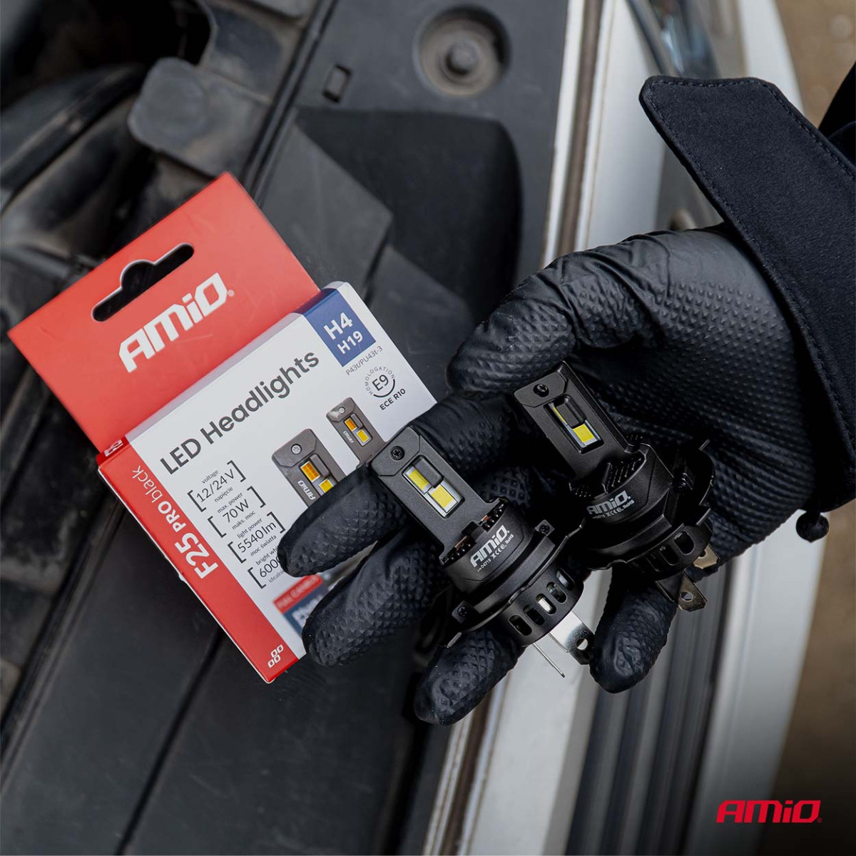 LED-ajovalopolttimot F25 PRO MUSTA TÄYSIN CANBUS H4 H19 70W 12V 24V AMIO-04719