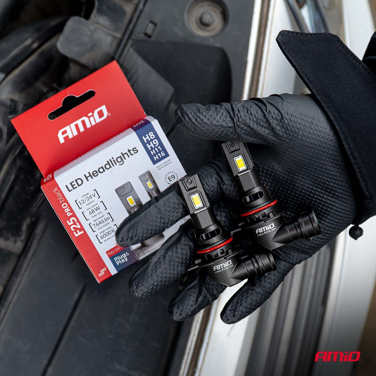 LED-ajovalon polttimot F25 PRO MUSTA TÄYSIN CANBUS H8 H9 H11 H16 68W 12V 24V AMIO-04721