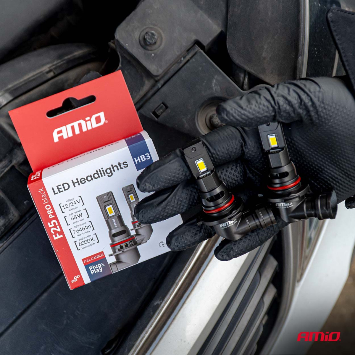 LED-ajovalopolttimot F25 PRO MUSTA TÄYSIN CANBUS HB3 68W 12V 24V AMIO-04722
