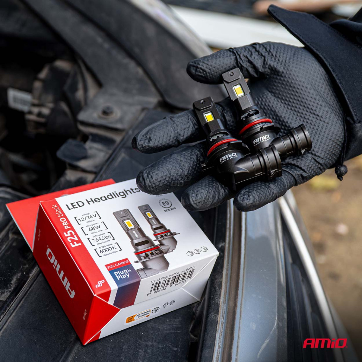LED-ajovalon polttimot F25 PRO MUSTA TÄYSIN CANBUS HB4 68W 12V 24V, AMIO-04723