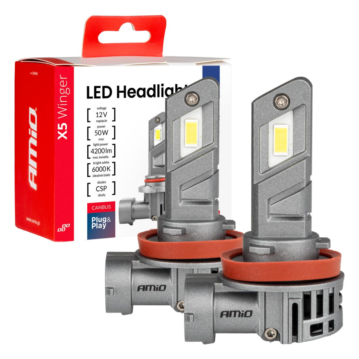 LED-ajovalon polttimot X5-sarja WINGER H8 H9 H11 6000K max 50W AMIO-03947