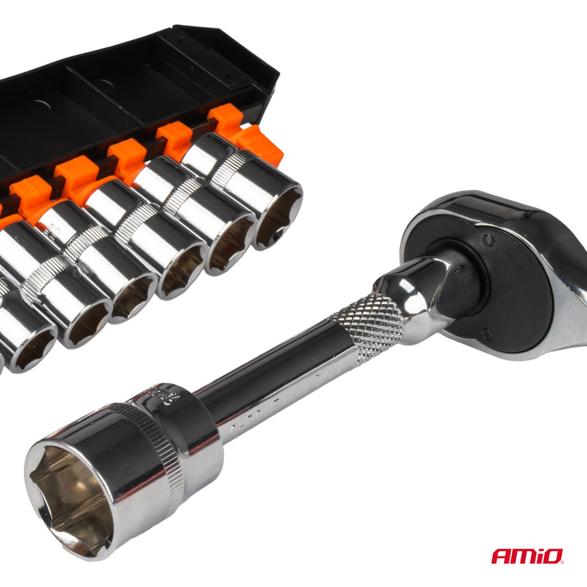 Räikkäavain hylsyillä 1/2" (10–24 mm), 11 kpl, AMIO-02412