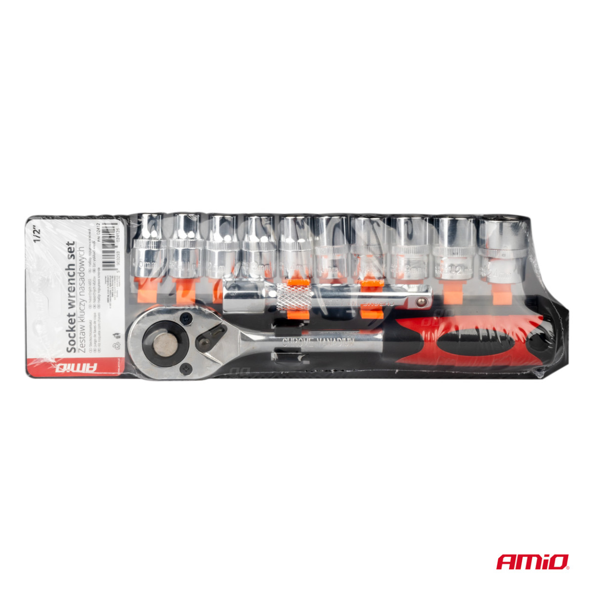 Räikkäavain hylsyillä 1/2" (10–24 mm), 11 kpl, AMIO-02412