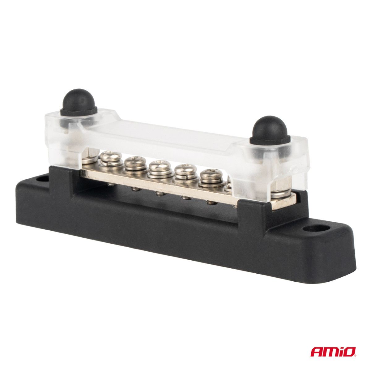 Negatiivisen navan virranjakolohko kuudella M6-ruuvilla, virtakisko 12/24/48V 150A, AMIO-03809