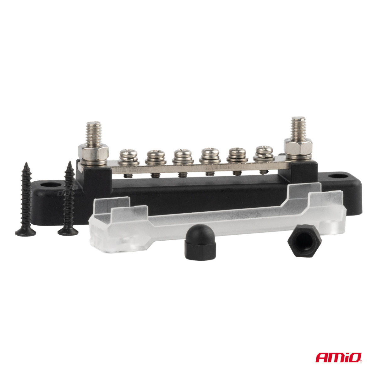 Negatiivisen navan virranjakolohko kuudella M6-ruuvilla, virtakisko 12/24/48V 150A, AMIO-03809