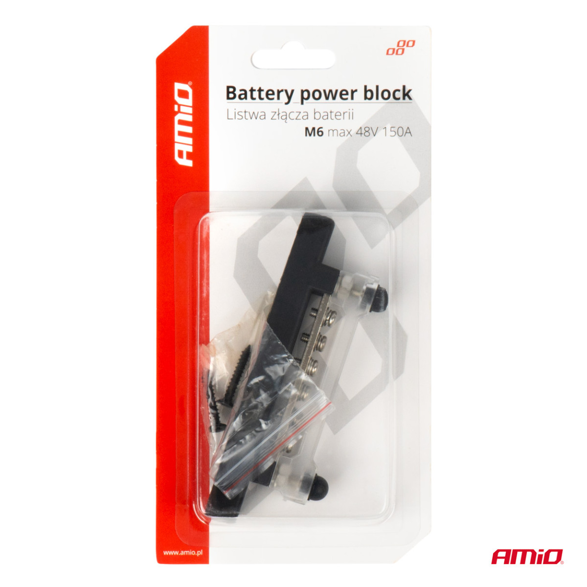 Negatiivisen navan virranjakolohko kuudella M6-ruuvilla, virtakisko 12/24/48V 150A, AMIO-03809