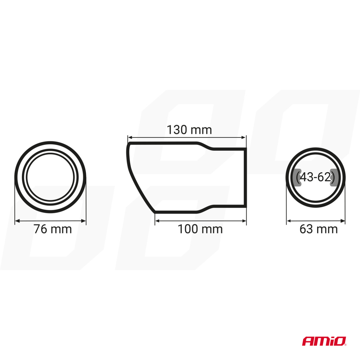 Äänenvaimentimen pää 43-62 mm, ruostumatonta terästä, kromattu, AMIO-02348