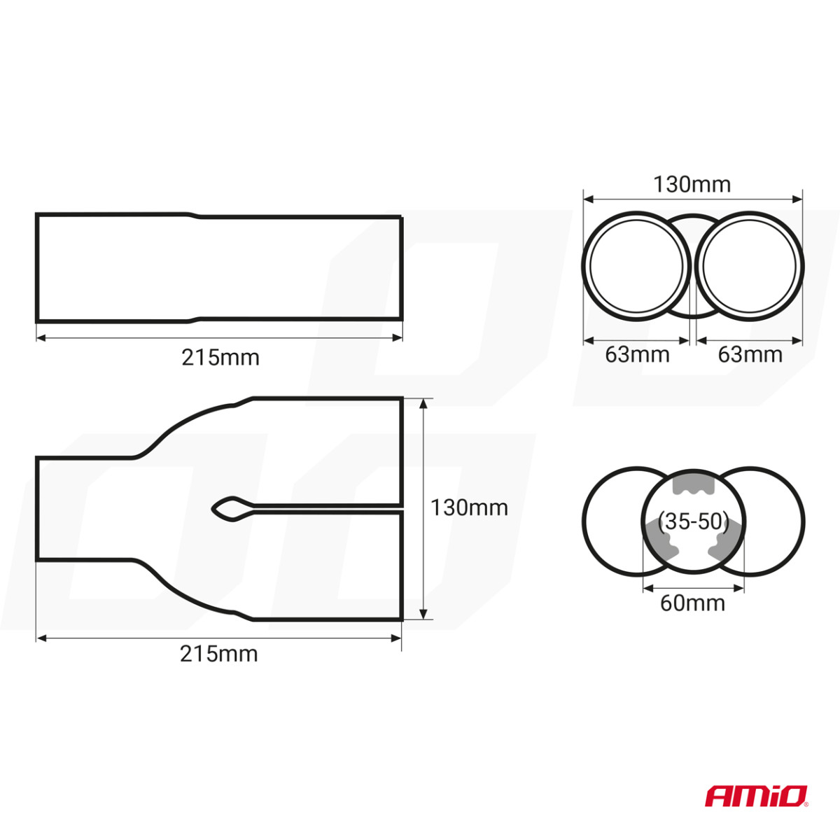 Äänenvaimentimen pää 35-50 mm, ruostumatonta terästä, kromattu, AMIO-01304