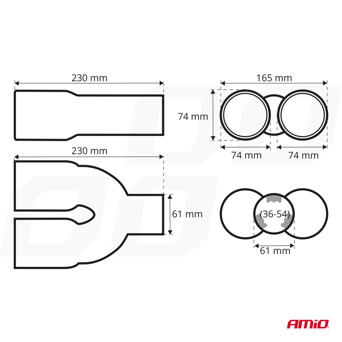 Äänenvaimentimen pää 36-54 mm, ruostumatonta terästä, kromattu, AMIO-01308