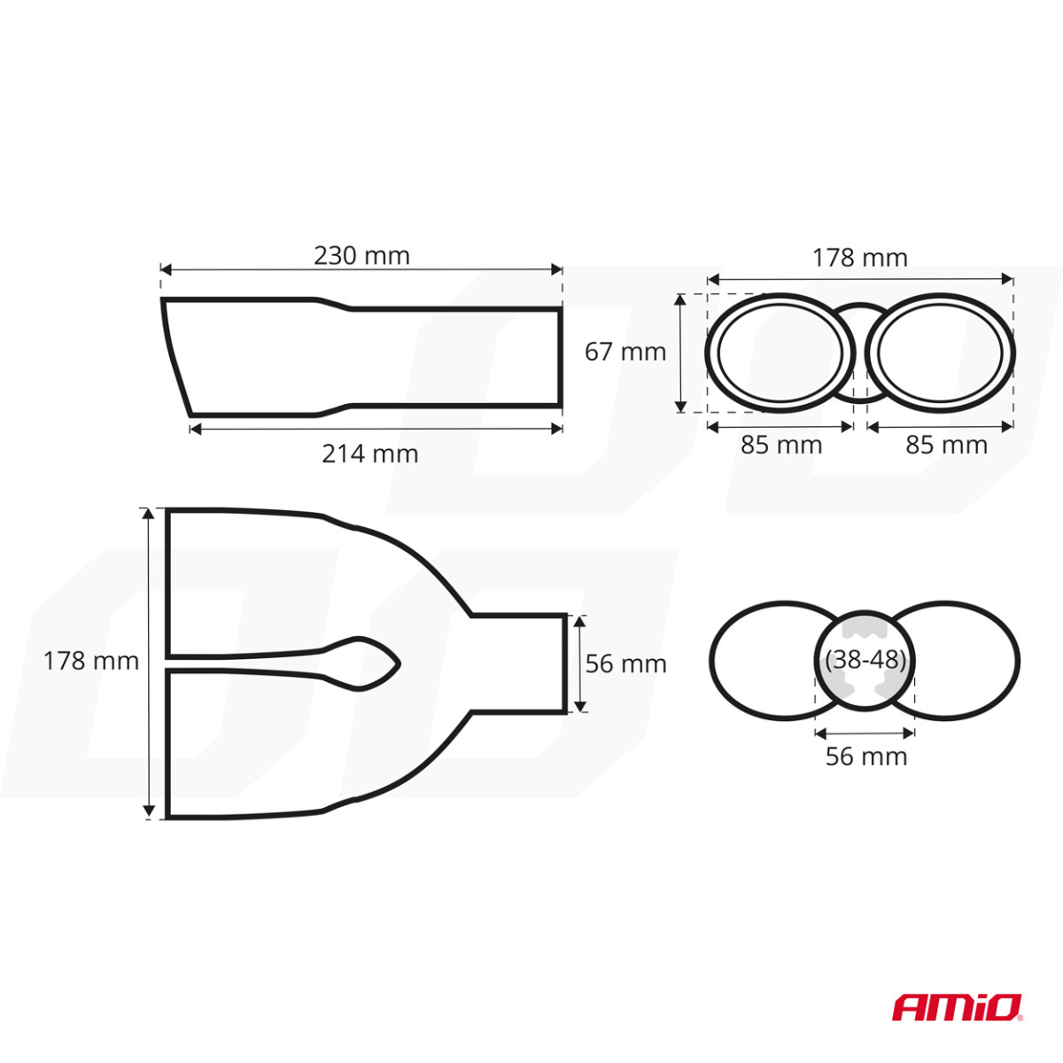 Äänenvaimentimen pää 38-48 mm, ruostumatonta terästä, kromattu, AMIO-01310