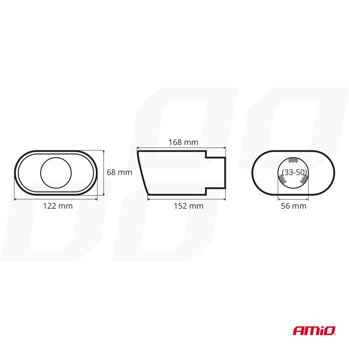 Äänenvaimentimen pää 33-50 mm, ruostumatonta terästä, kromattu, AMIO-02190