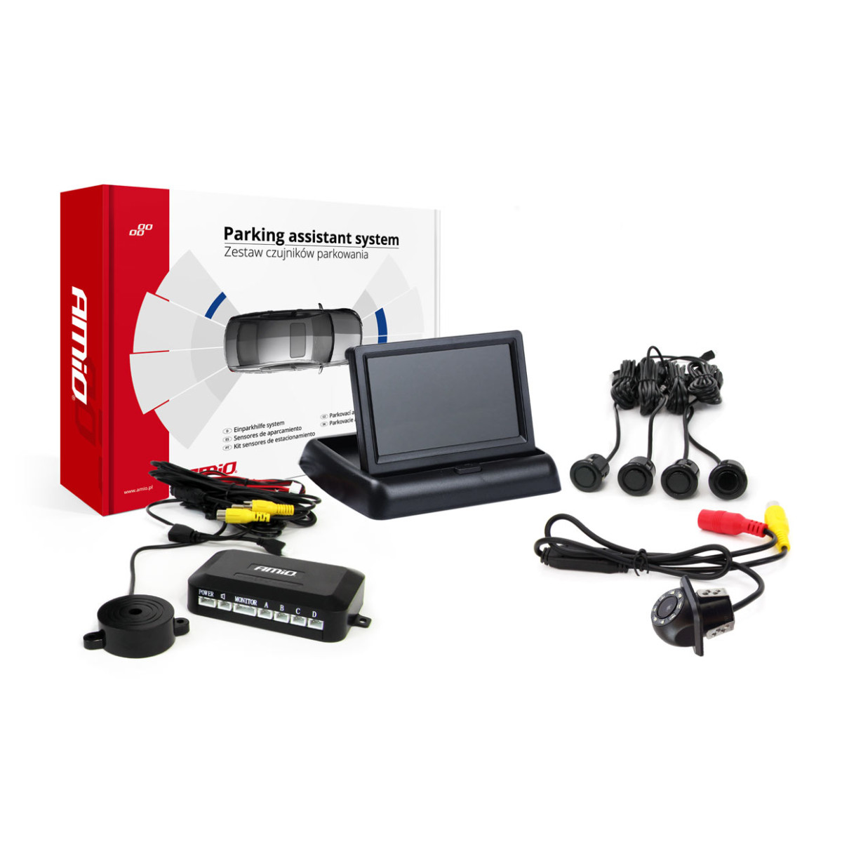 Pysäköintitutkajärjestelmä 4.3 TFT02, jossa FLIP-UP CAM-305 LED-kamera, 4 mustaa anturia GOLD 18 mm