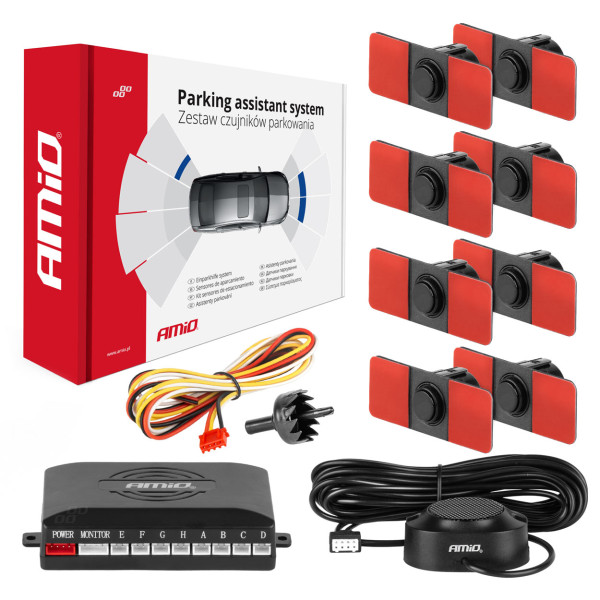 Pysäköintitutka äänimerkillä, 8 mustaa anturia, sisäinen asennus 16,5 mm AMIO-02254