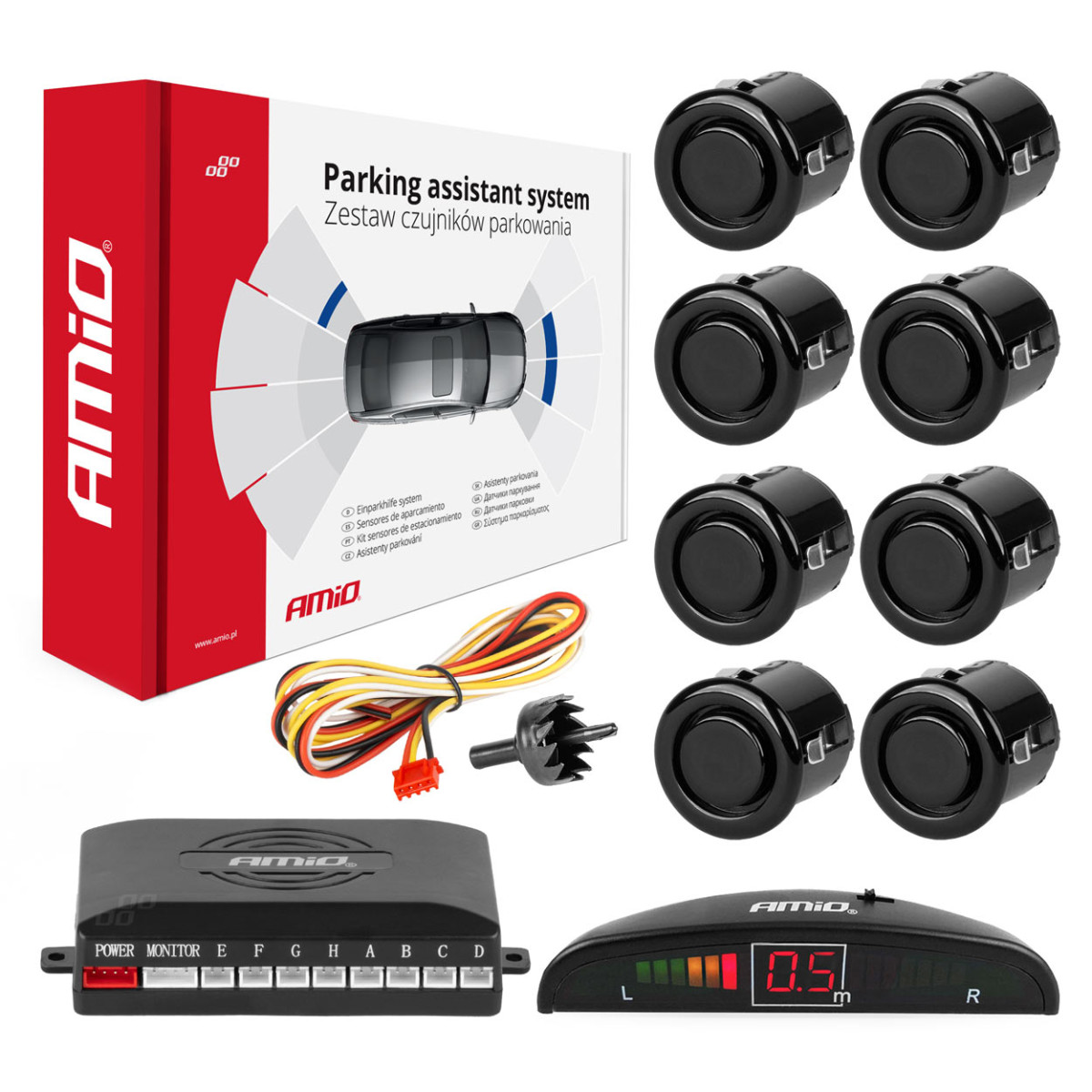 Pysäköintitutka LED, 8 mustaa anturia GOLD 18 mm AMIO-01603