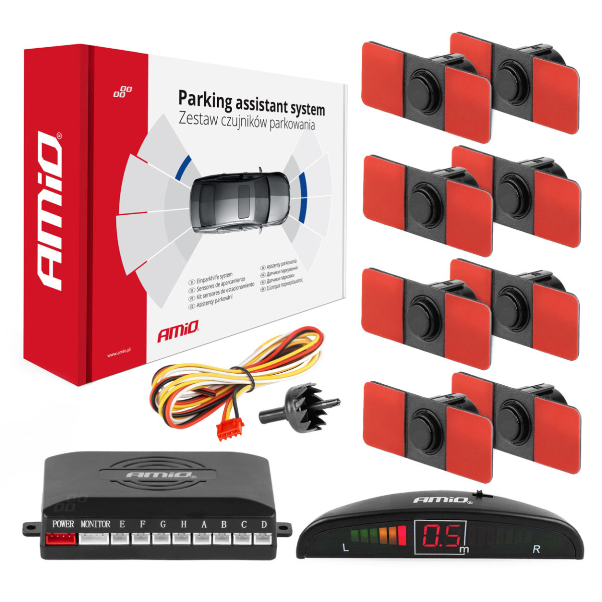 Pysäköintitutka LED, 8 mustaa anturia, sisäasennus 16,5 mm AMIO-02256