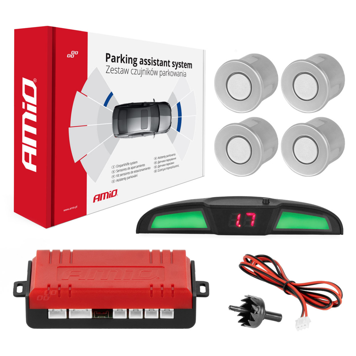 Pysäköintitutka LED COB, 4 hopeanväristä anturia 22 mm AMIO-02282