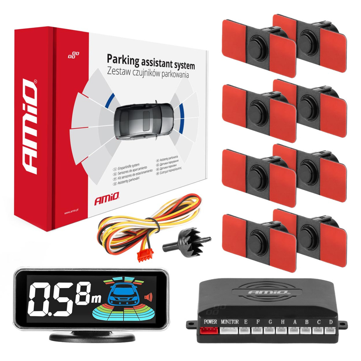 Pysäköintitutka LED-GRAF 3D, 8 mustaa anturia, sisäasennus 16,5 mm AMIO-03196