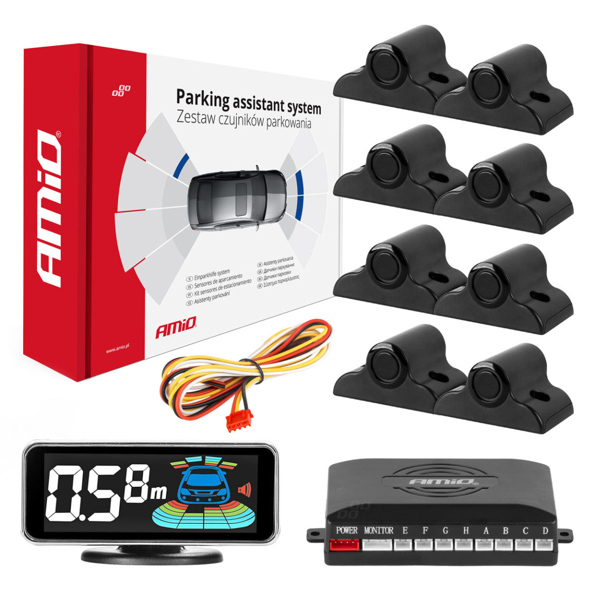 Pysäköintitutka LED-GRAF 3D, 8 mustaa anturia 19 mm, kuorma-autoille AMIO-03195