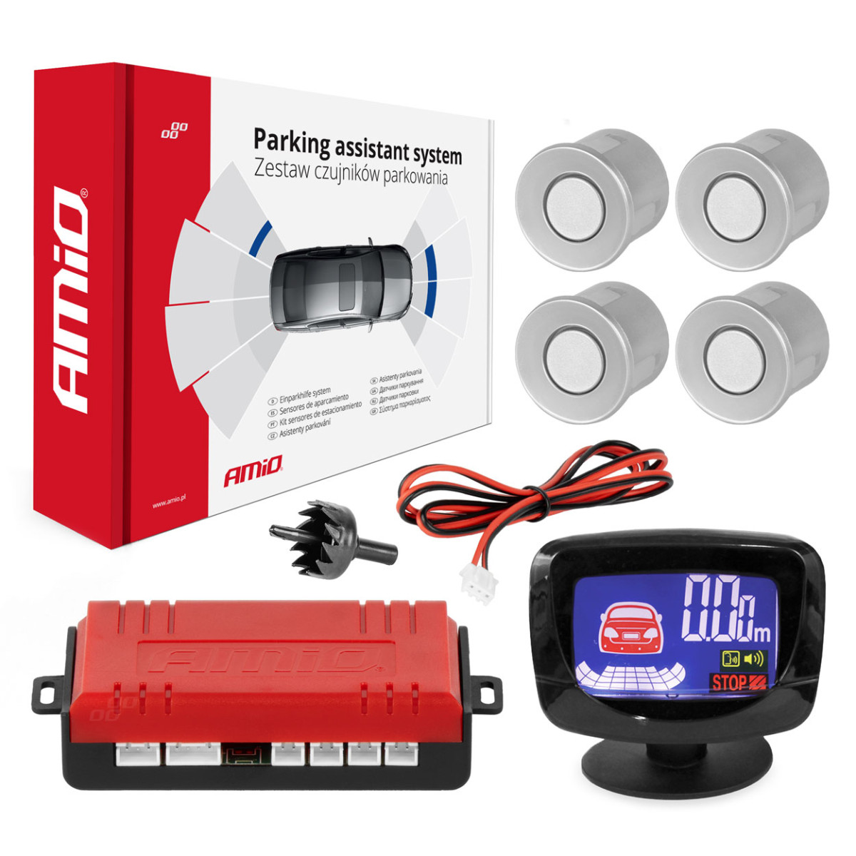 Pysäköintitutka LED-GRAF, 4 hopeanväristä anturia 22 mm AMIO-01561