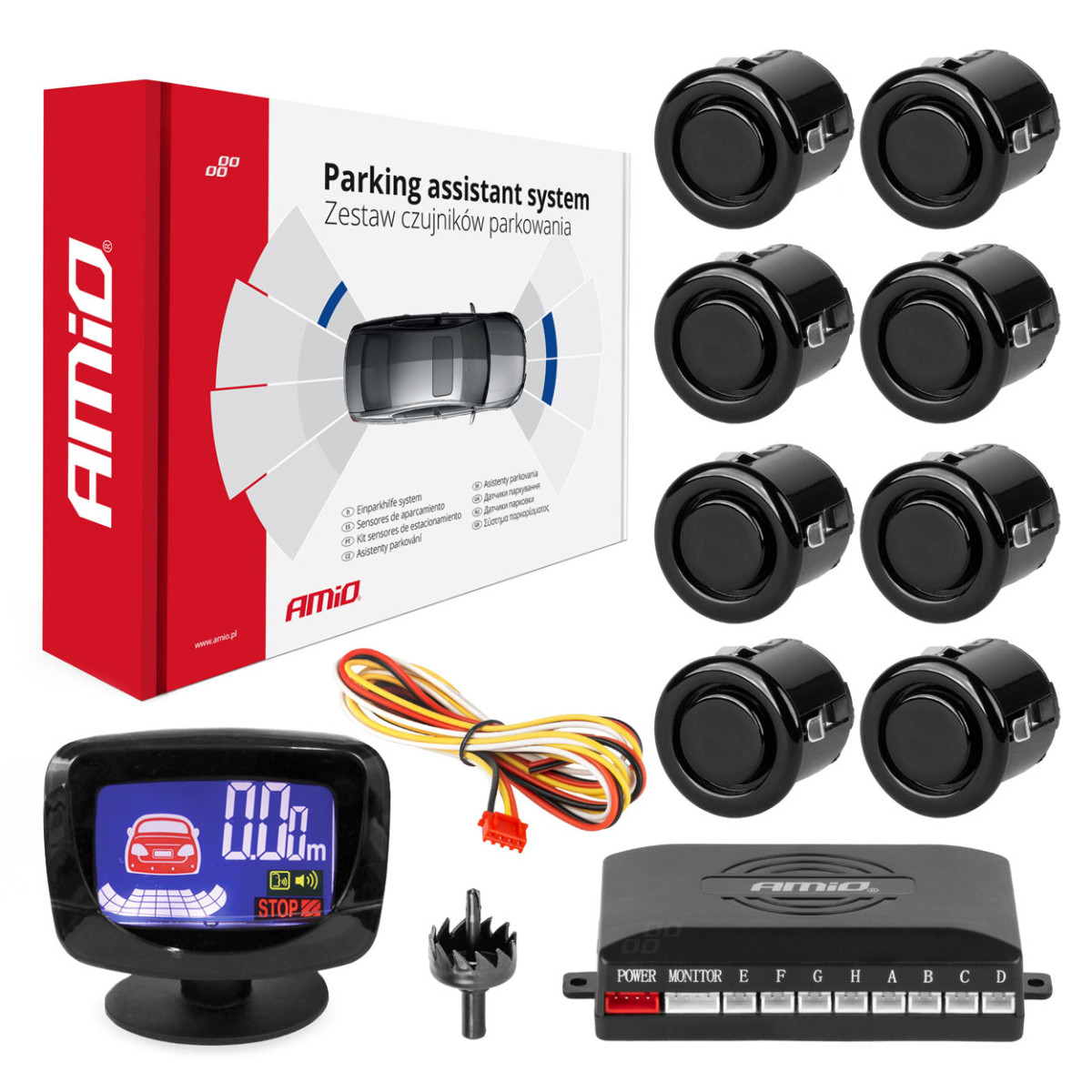 Pysäköintitutkasarja LED-GRAF, 8 mustaa anturia GOLD 18 mm AMIO-01605