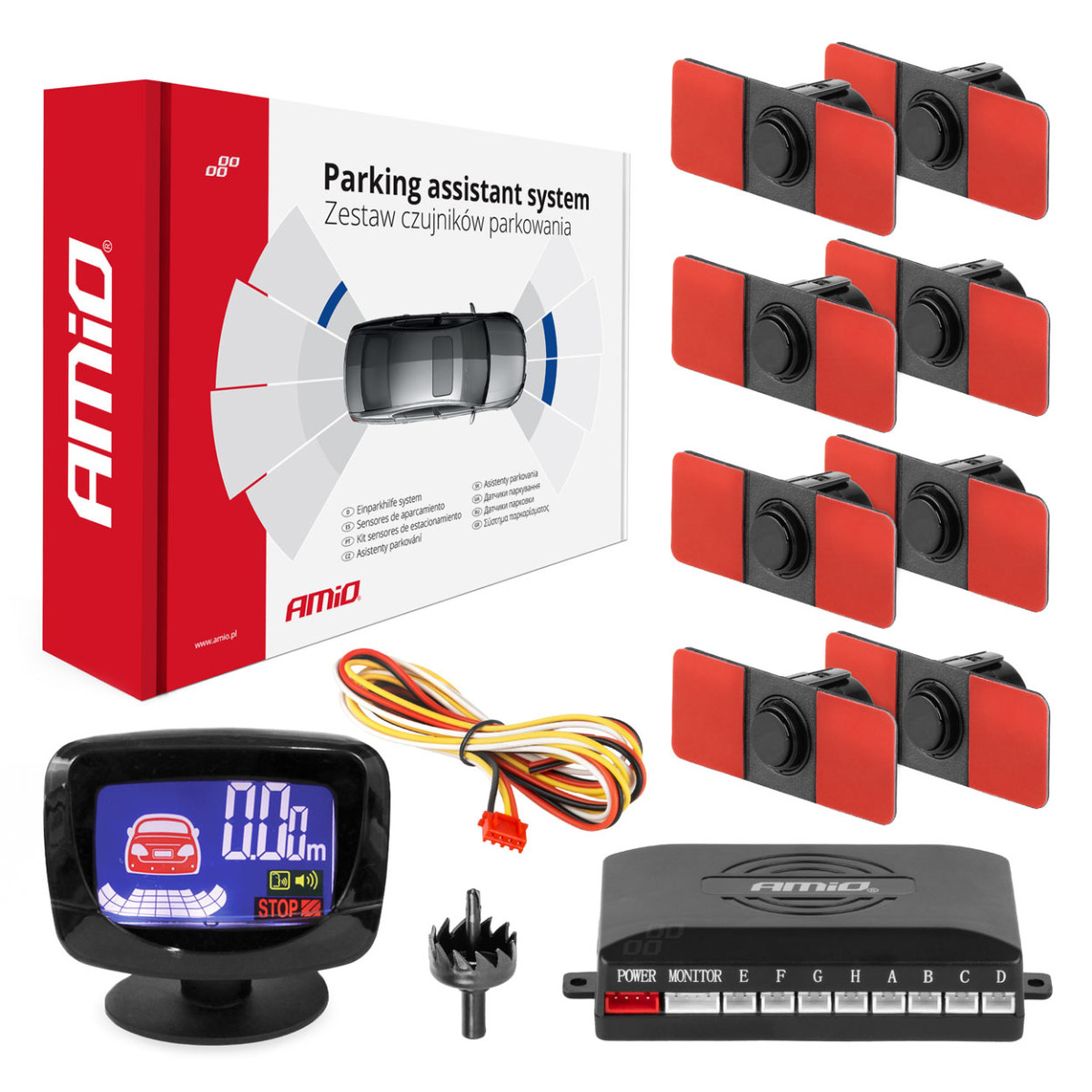 Pysäköintitutka LED-GRAF, 8 mustaa anturia 16,5 mm, sisäasennus AMIO-02258