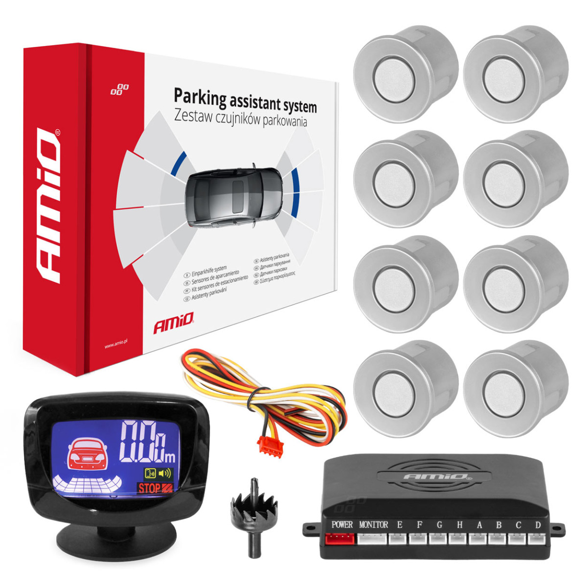 Pysäköintitutkasarja LED-GRAF, 8 hopeanväristä anturia 22 mm AMIO-01597