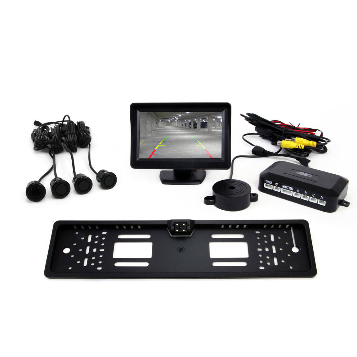 Pysäköintitutkajärjestelmä TFT01 4.3" CAM-402 LED-kameralla, 4 mustalla sensorilla GOLD