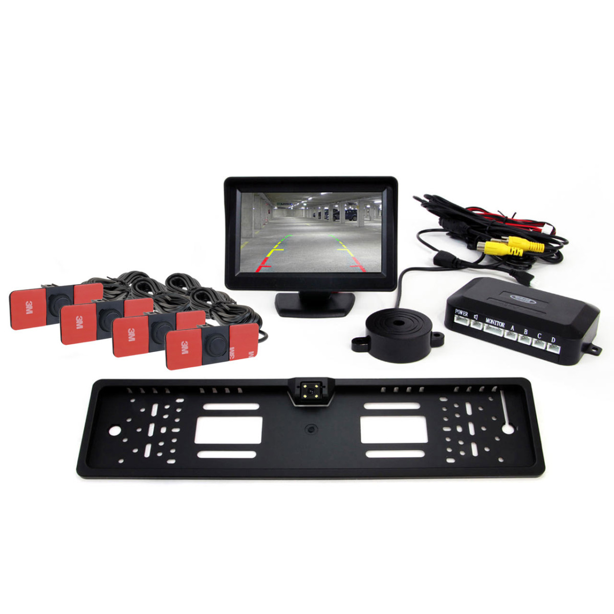 Pysäköintitutkajärjestelmä TFT01 4.3" CAM-402 LED-kameralla, 4 mustaa anturia, sisäasennus