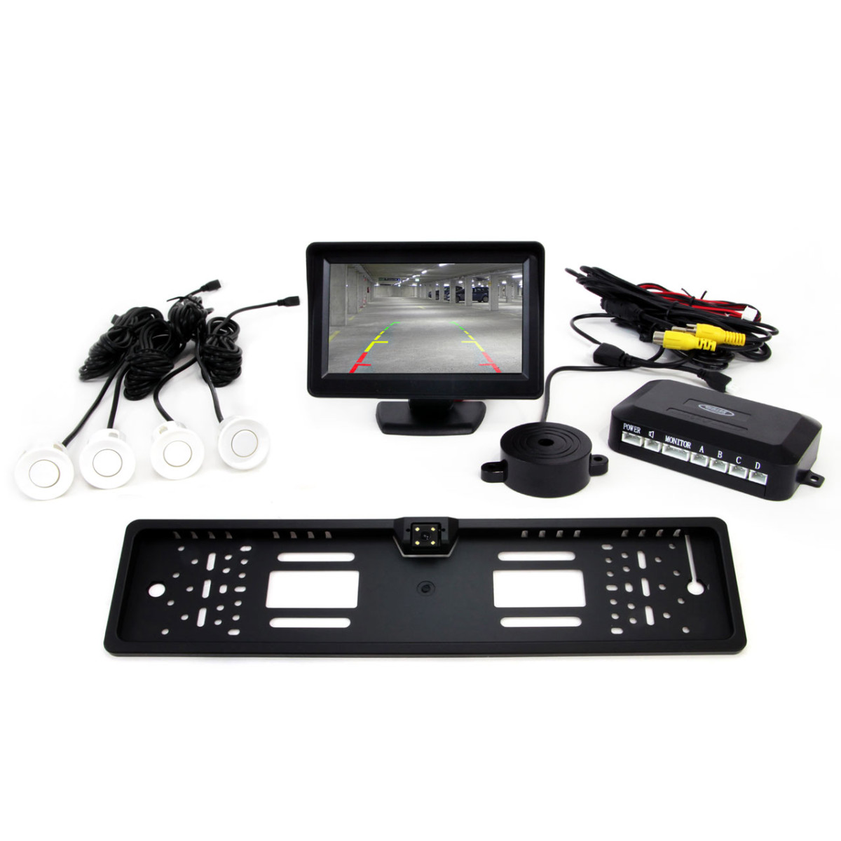 Pysäköintitutkajärjestelmä TFT01 4.3" CAM-402 LED-kameralla, 4 valkoisella sensorilla