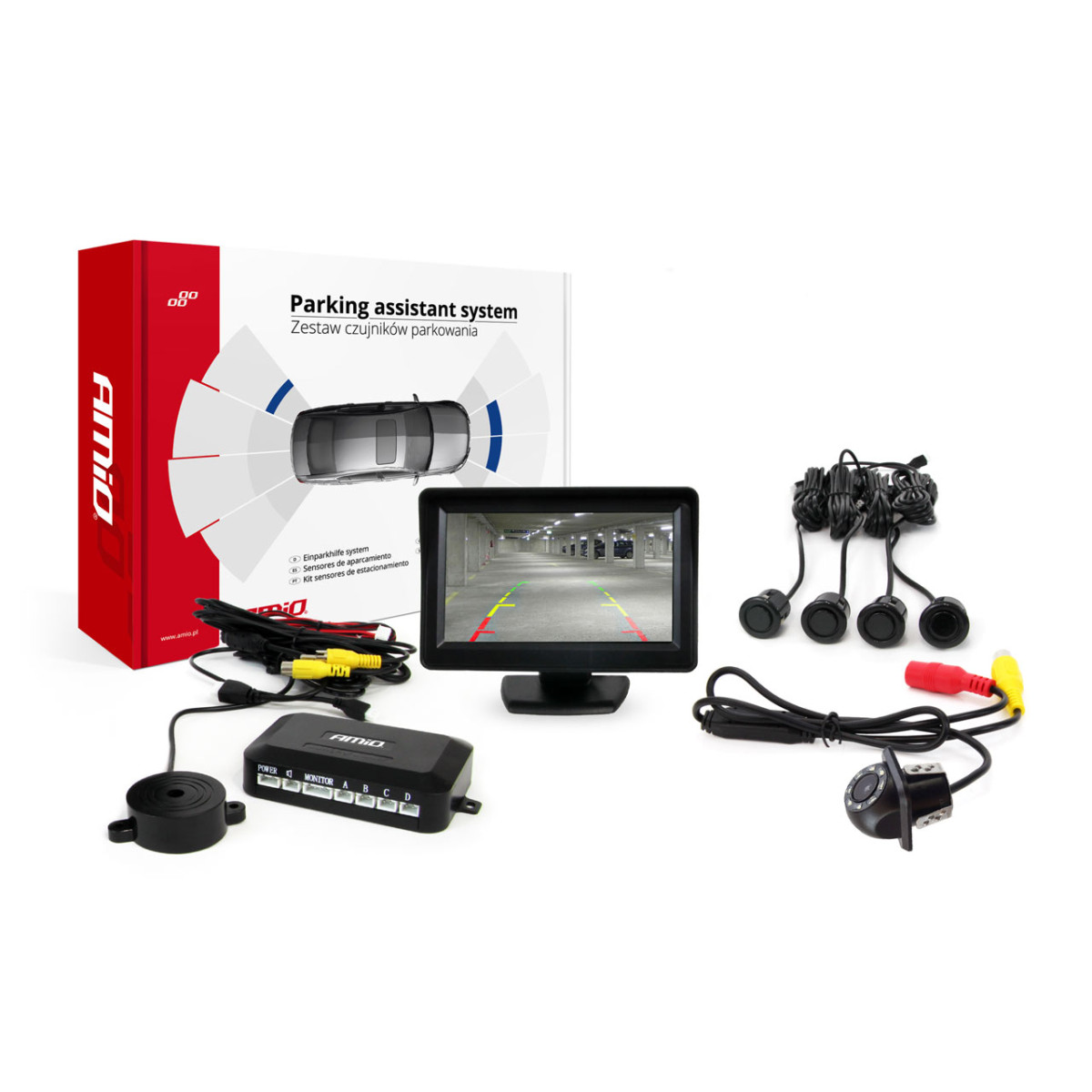 Pysäköintitutkajärjestelmä TFT01 4.3" HD-305 LED-kameralla, 4 mustalla sensorilla, GOLD 28 mm