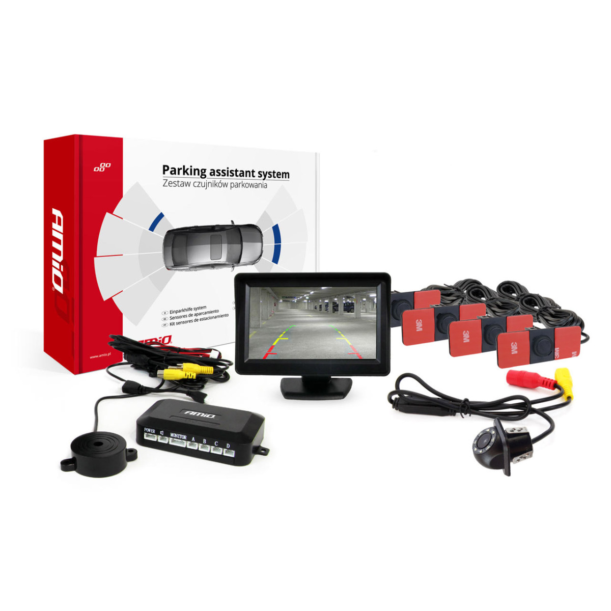 Pysäköintitutkajärjestelmä TFT01 4.3" HD-305 LED-kameralla, 4 mustaa anturia 28 mm, sisäasennus