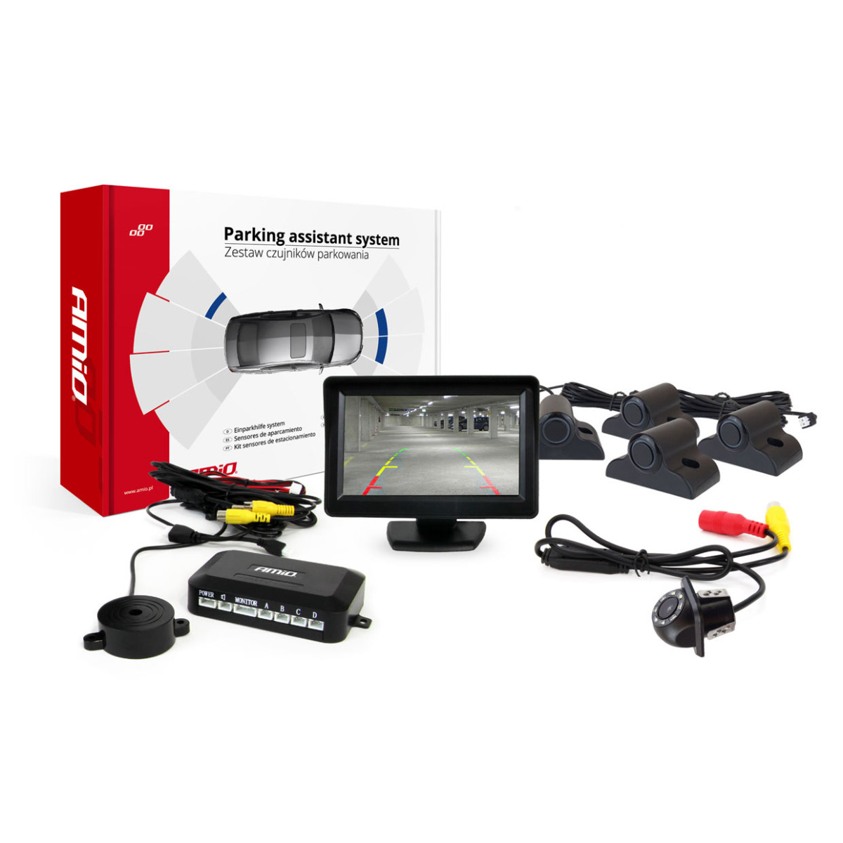 Pysäköintitutkajärjestelmä TFT01 4.3" HD-305-LED-kameralla, 4 mustalla sensorilla, kuorma-autoille