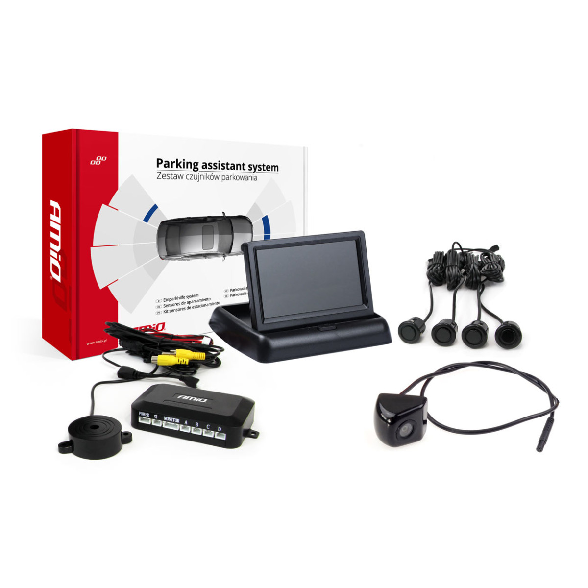 Pysäköintitutkajärjestelmä TFT01 4.3" HD-310-kameralla, 4 mustalla sensorilla, GOLD